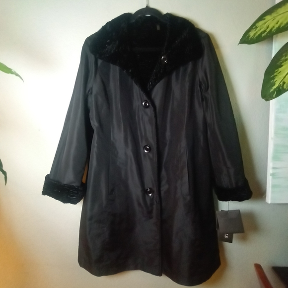 Ellen Tracy Black Mongolian Wool Reversible Water Resistant Button Up Jacket L - Picture 4 of 10